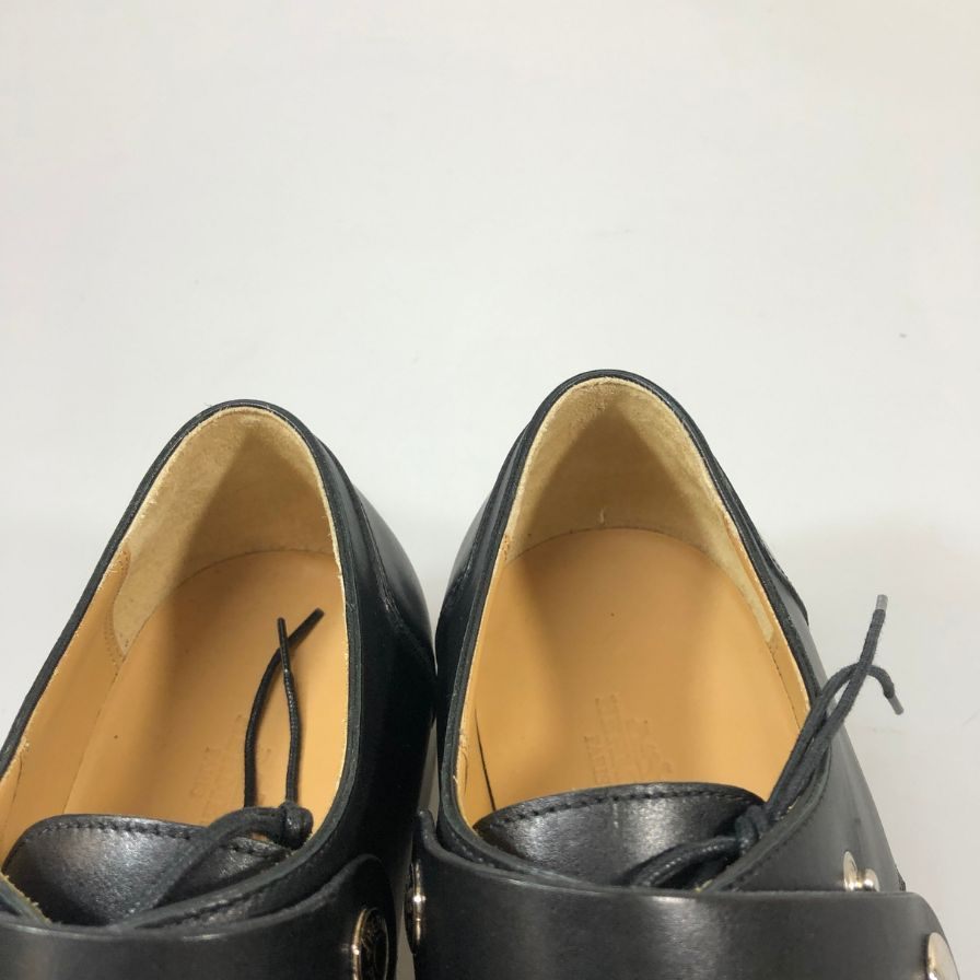 エルメス レザーシューズ プレーントゥ セリエボタン フラップ カーフ ブラック サイズ41.5 メンズ HERMES 約26.5cm【PTM1】