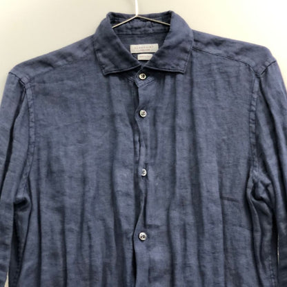 美品◆グランシャツ 長袖シャツ ロングスリーブ リネン ネイビー メンズ サイズ38/15 GLANSHIRT 【AFB43】