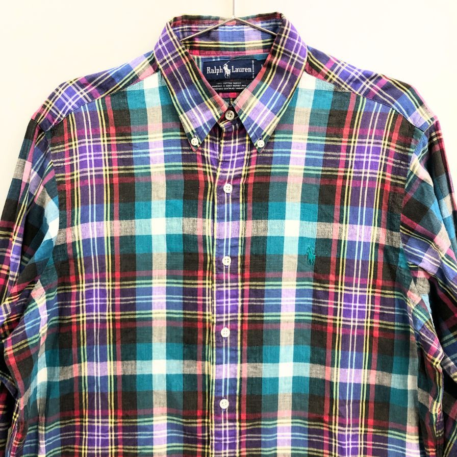 中古◆ラルフローレン ボタンダウンシャツ 90S チェック マルチカラー メンズ サイズL Ralph Lauren 【AFB12】
