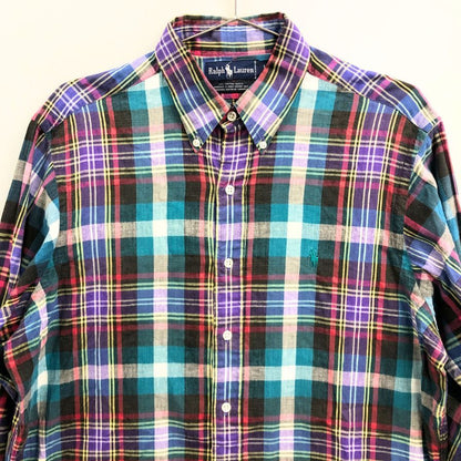 中古◆ラルフローレン ボタンダウンシャツ 90S チェック マルチカラー メンズ サイズL Ralph Lauren 【AFB12】