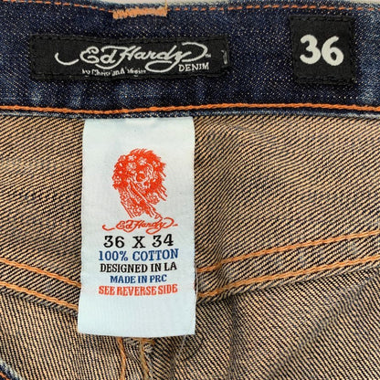 エドハーディー デニムパンツ 龍 刺繍 ペイント 装飾 ボタンフライ ウォッシュ USED加工 2009 インディゴ メンズ サイズ36 Ed Hardy 【AFB32】