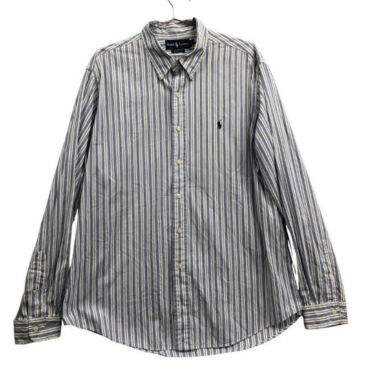 美品◆ポロ ラルフローレン ボタンダウンシャツ 90S オールド ストライプ ブルー系 メンズ サイズXL Polo Ralph Lauren 【AFB43】