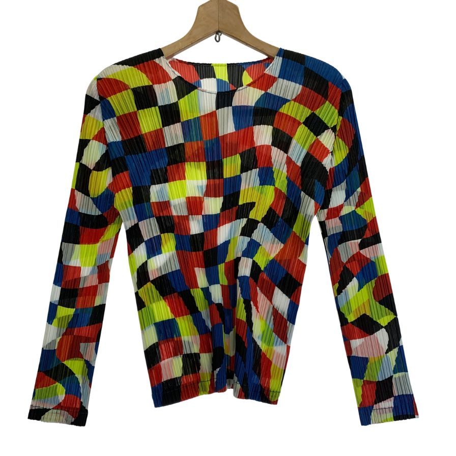 極美品◆プリーツプリーズ 丸首長袖トップス PP53JK701 DANCING SQUARE ポリエステル マルチカラー レディース サイズ3 PLEATS PLEASE ISSEY MIYAKE 【AFB1】