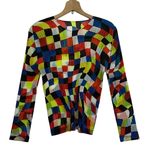 極美品◆プリーツプリーズ 丸首長袖トップス PP53JK701 DANCING SQUARE ポリエステル マルチカラー レディース サイズ3 PLEATS PLEASE ISSEY MIYAKE 【AFB1】