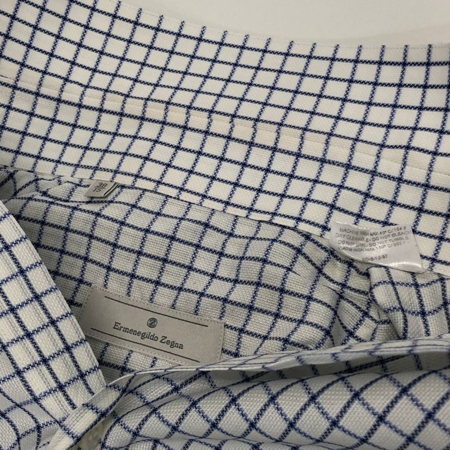 極美品◆エルメネジルドゼニア 長袖ドレスシャツ チェック柄 ブルー サイズ38/15 Ermenegildo Zegna 【AFB35】