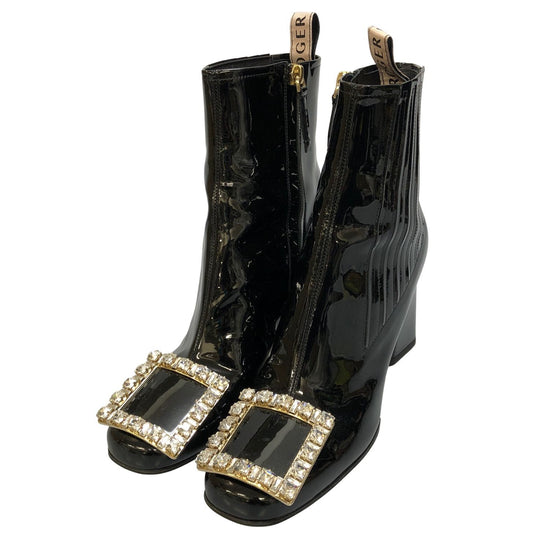 ロジェヴィヴィエ ショートブーツ パテントレザー スクエアバックル ビジュー ブラック レディース サイズ38 ROGERVIVER 約25.0cm【AFC29】