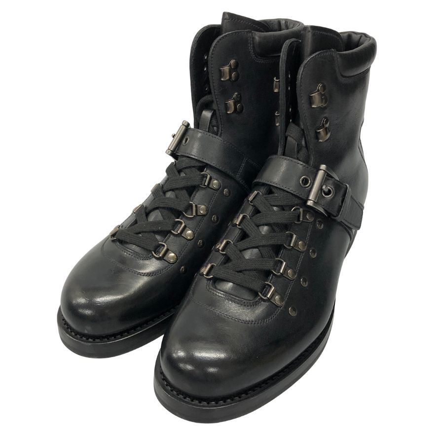 プラダ コンバットブーツ レースアップ ベルト レザー 2T 1882 ブラック メンズ サイズ8.5 PRADA 約27.0cm【AFD9-2】