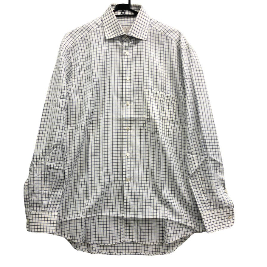 極美品◆エルメネジルドゼニア 長袖ドレスシャツ チェック柄 ブルー サイズ38/15 Ermenegildo Zegna 【AFB35】