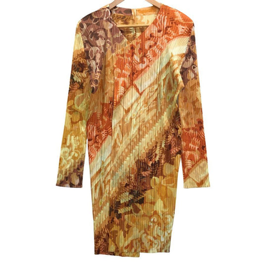 極美品◆プリーツプリーズ イッセイミヤケ コート 総柄 イエロー レディース サイズ5 PP11-JA596 PLEATS PLEASE ISSEY MIYAKE 【AFB32】