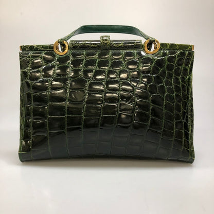 ブランド不明 クロコダイル想定 ハンドバッグ シャイニー ゴールド金具 レディース グリーン【AFE1】