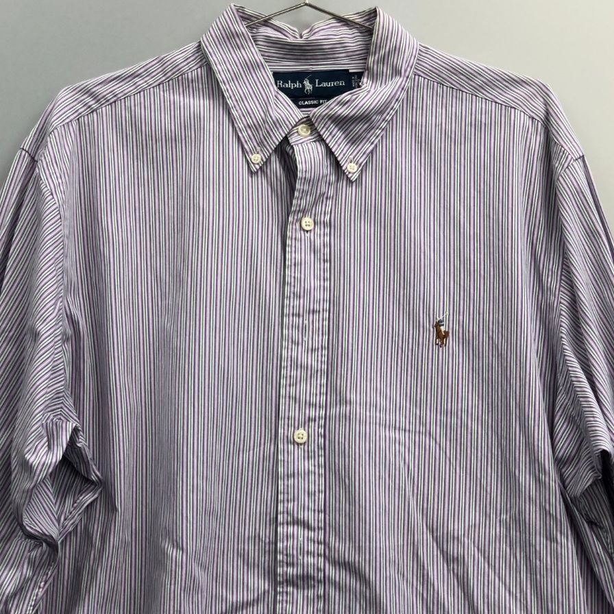 美品◆ラルフローレン ボタンダウンシャツ 90S ストライプ パープル×グリーン メンズ サイズ17 Ralph Lauren 【AFB19】