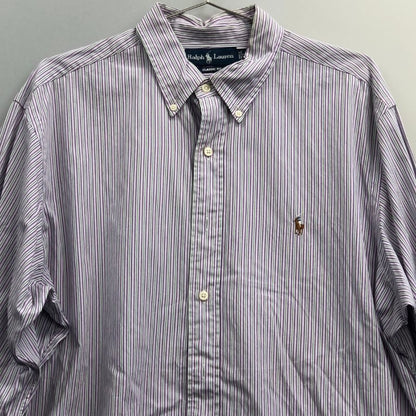 美品◆ラルフローレン ボタンダウンシャツ 90S ストライプ パープル×グリーン メンズ サイズ17 Ralph Lauren 【AFB19】