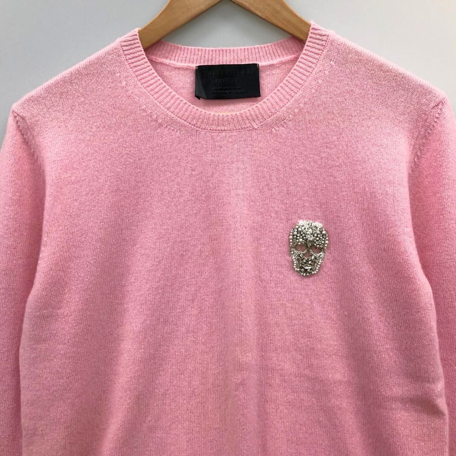 極美品◆フィリッププレイン ニット セーター スカルビジュー カシミア100% レディース サイズL ピンク Philipp Plein 【AFB7】