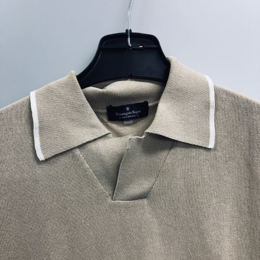 美品◆エルメネジルドゼニア ポロシャツ コットン サマーニット ベージュ系 サイズM メンズ Ermenegildo Zegna 【AFF19】
