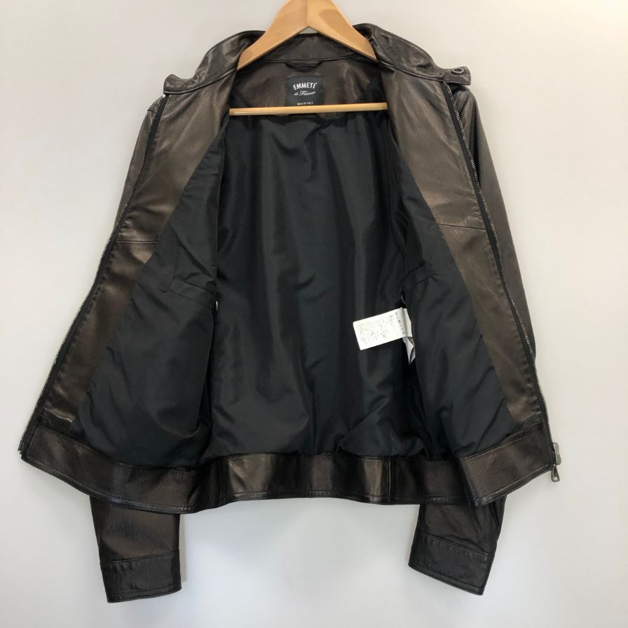 美品◆エンメティ レザージャケット シングル ライダース ラムスキン メンズ ブラック サイズ 44 EMMETI 【AFG1】