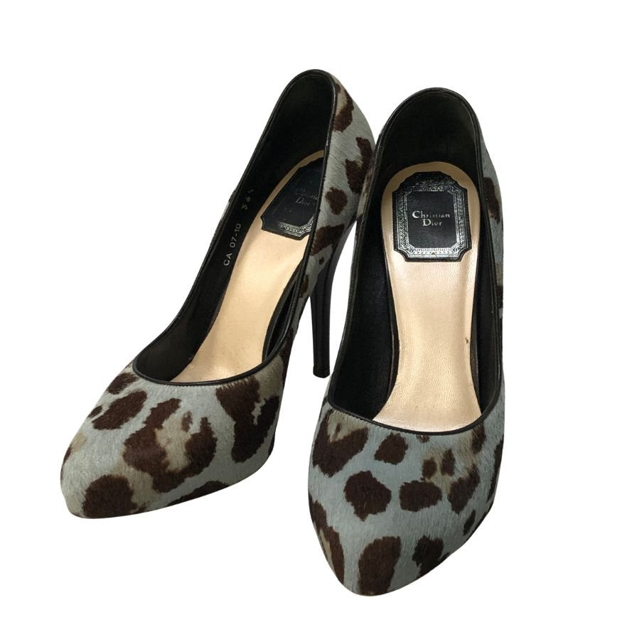 クリスチャン ディオール パンプス レオパード柄 ハイヒール ポニー ファー サイズ36.5 レディース ブルー系 Christian Dior 約23.5cm【AFC45】