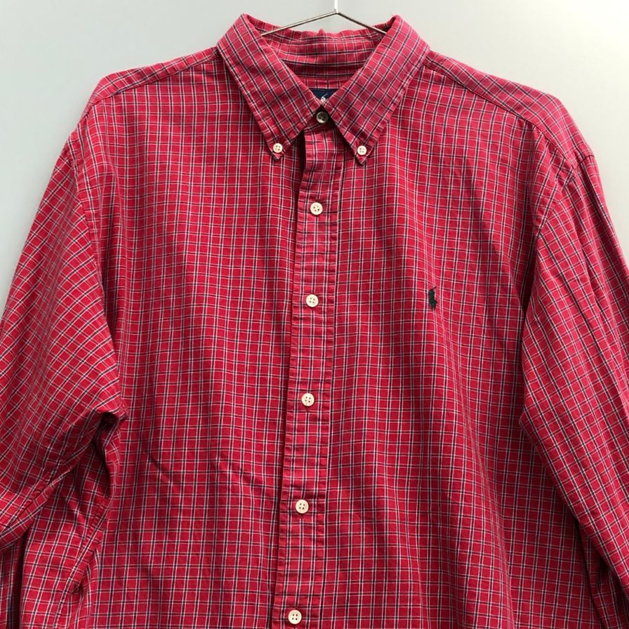 美品◆ラルフローレン ボタンダウンシャツ 90S チェック レッド メンズ サイズXL Ralph Lauren 【AFB43】