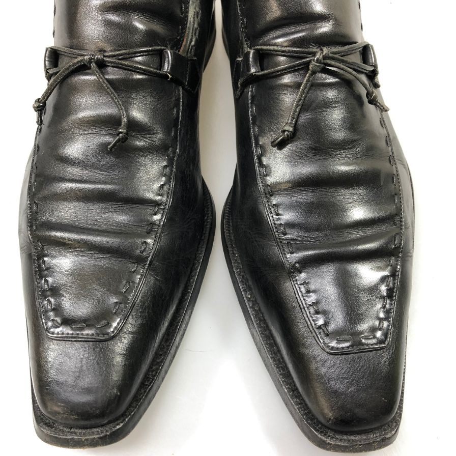 サントーニ スリッポン レースアップ ステッチ カーフ メンズ ブラック サイズUK6.5 Santoni 約25.5cm【AFC50】