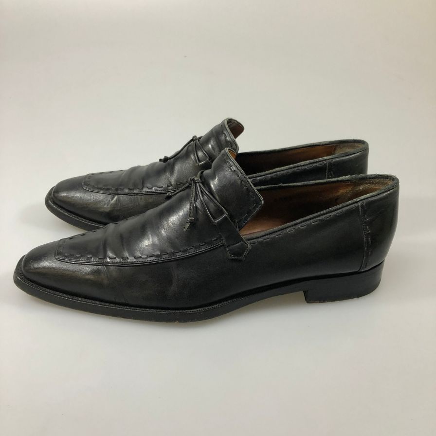サントーニ スリッポン レースアップ ステッチ カーフ メンズ ブラック サイズUK6.5 Santoni 約25.5cm【AFC50】