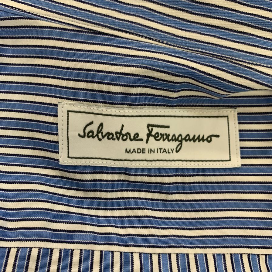 美品◆サルヴァトーレ フェラガモ シャツ ストライプ コットン ブルー メンズ サイズ39-R Salvatore Ferragamo 【AFB11】