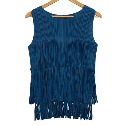 極美品◆プリーツプリーズ ノースリーブカットソー フリンジ ブルー系 サイズ3 レディース PP71-JK791 PLEATS PLEASE ISSEY MIYAKE 【AFB45】