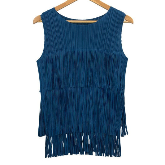 極美品◆プリーツプリーズ ノースリーブカットソー フリンジ ブルー系 サイズ3 レディース PP71-JK791 PLEATS PLEASE ISSEY MIYAKE 【AFB45】