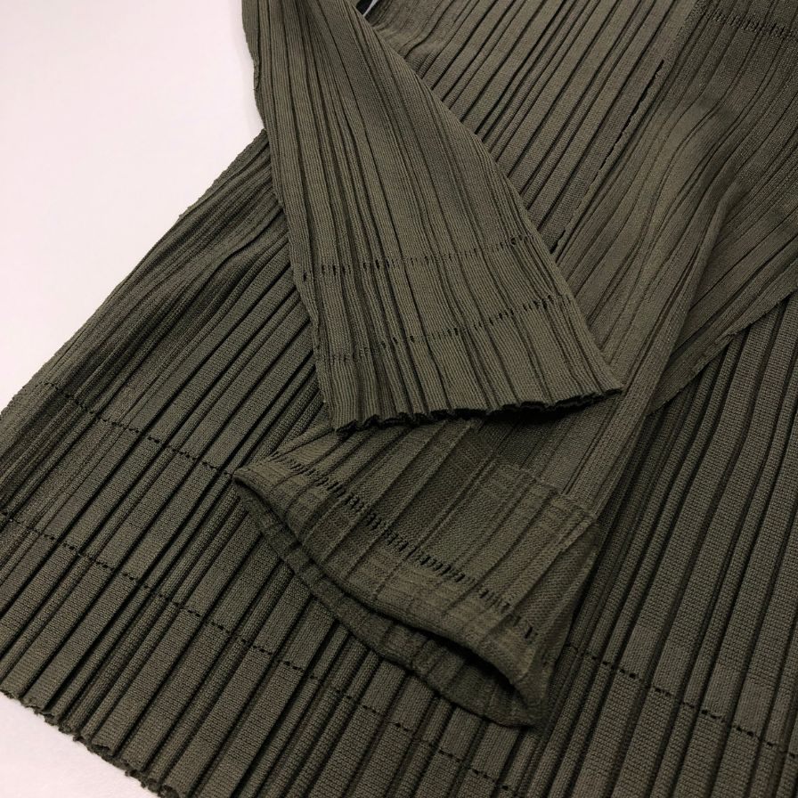 極美品◆プリーツプリーズ イッセイミヤケ 長袖プリーツカットソー カーキ サイズ3 レディース PLEATS PLEASE ISSEY MIYAKE 【AFB22】