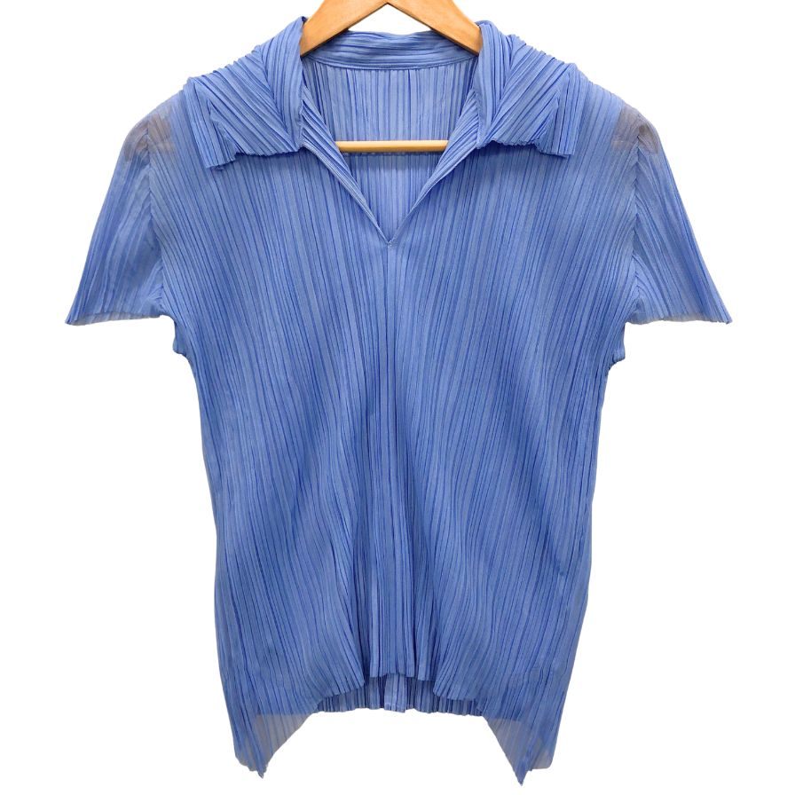 美品◆プリーツプリーズ イッセイミヤケ 半袖カットソー ブルー レディース サイズ3 PP43-JK542 PLEATS PLEASE ISSEY MIYAKE 【AFB43】