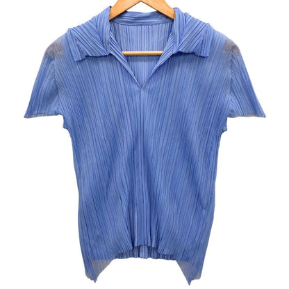 美品◆プリーツプリーズ イッセイミヤケ 半袖カットソー ブルー レディース サイズ3 PP43-JK542 PLEATS PLEASE ISSEY MIYAKE 【AFB43】