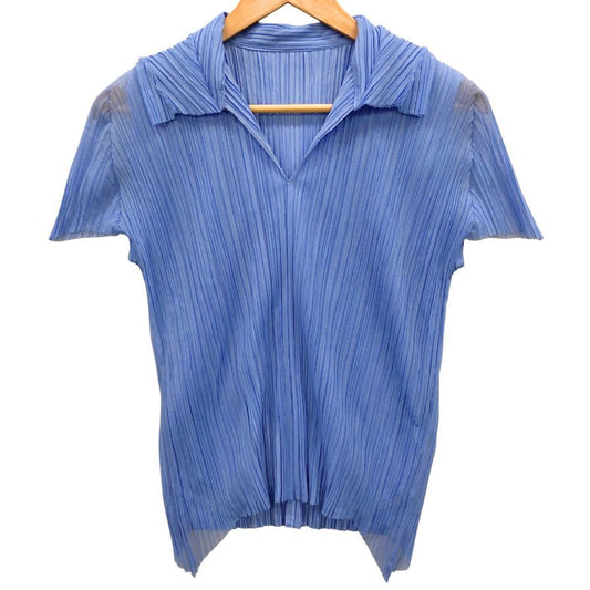 美品◆プリーツプリーズ イッセイミヤケ 半袖カットソー ブルー レディース サイズ3 PP43-JK542 PLEATS PLEASE ISSEY MIYAKE 【AFB43】