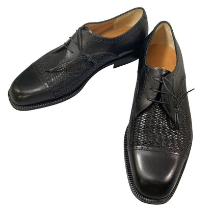 フェラガモ レザーシューズ  9861メッシュ パンチドキャップトゥ Vフロント カーフ ブラック サイズ8.5 メンズ Salvatore Ferragamo 約27.5cm【PTM5】