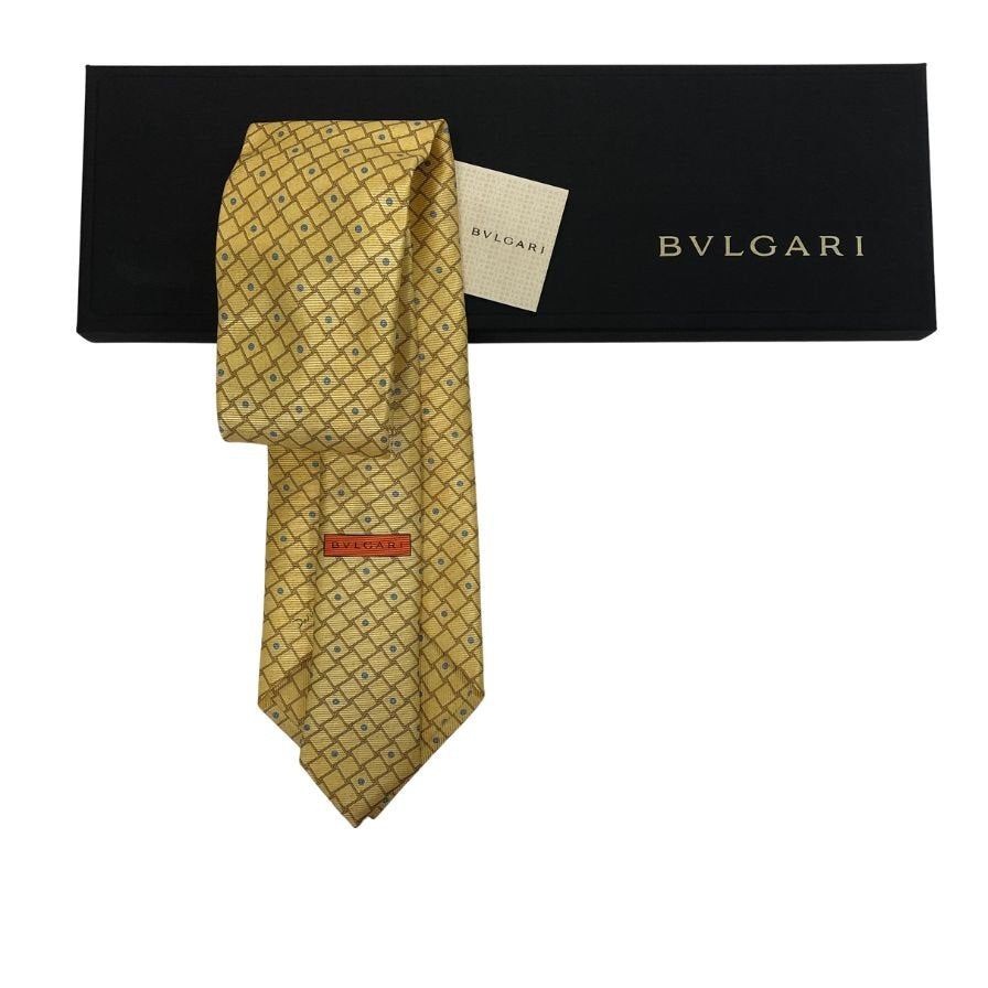 ブルガリ ネクタイ  シルク100％ 格子模様 イエロー BVLGARI【AFI21】