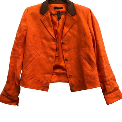 美品◆ローレン ラルフローレン ショートジャケット レザー襟 ゴールド金具 レディース  サイズ10 オレンジ LAUREN RALPH LAUREN 【AFB11】