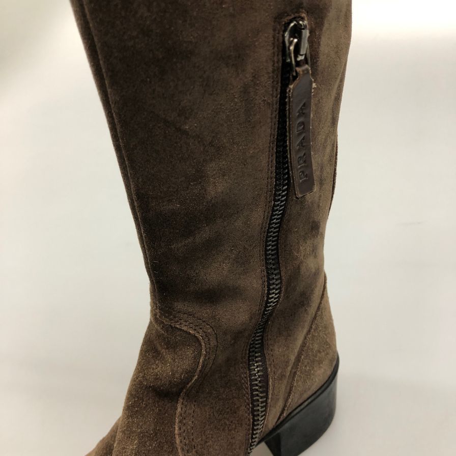 プラダ ニーハイ ブーツ スエード インサイドジップ サイドベルト ゴムソール レディース サイズ35 ブラウン PRADA 約22.0cm【AFI30】