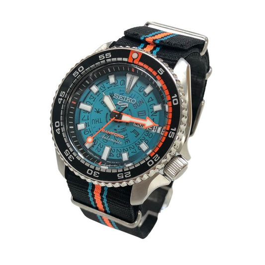 セイコー バンフォード コラボ 腕時計 自動巻 5スポーツ SBSA315 シルバー 青文字盤 SEIKO BAMFORD【AFI5】