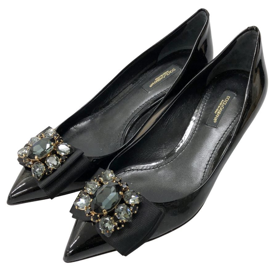 ドルチェ&ガッバーナ エナメル パンプス ビジューリボン レディース サイズ36 ブラック DOLCE&GABBANA 約22.5cm【AFC46】