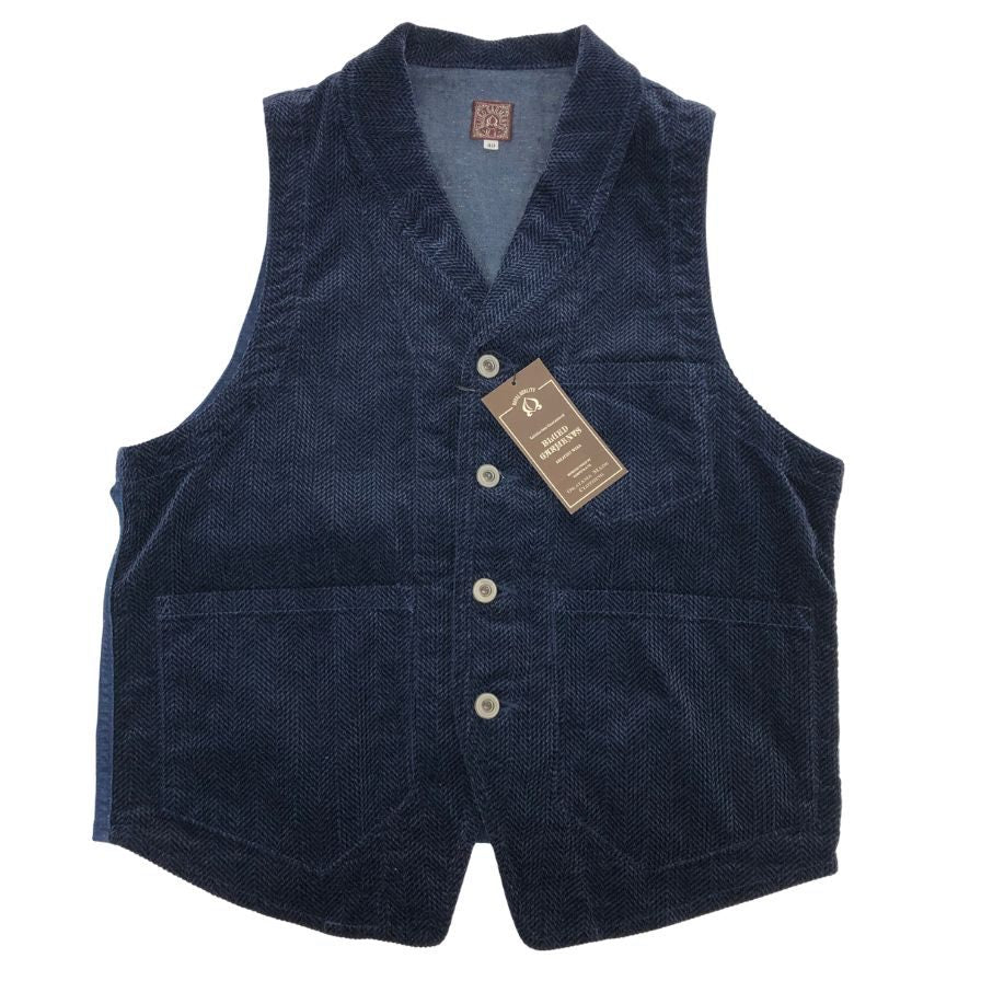 新品同様◆ブルードガーメンツ 4Bベスト スチールボタン コットン100% 日本製 メンズ サイズ40 ブルー BLUED GARMENTS 【AFB20】