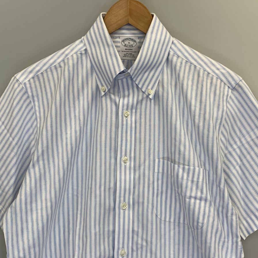 美品◆ブルックスブラザーズ 半袖シャツ ストライプ コットン ボタンダウン ブルー メンズ サイズ15 Brooks Brothers 【AFB30】