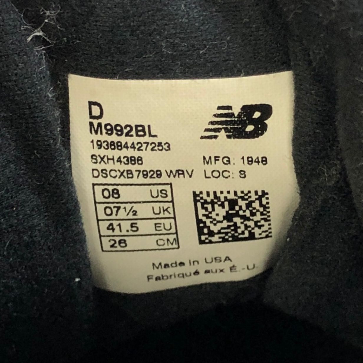 ニューバランス 992 スニーカー  Ｄワイズ ブラック 黒 M992BL メンズ26 ＮEWBLANCE 約26.0cm【AFC28】