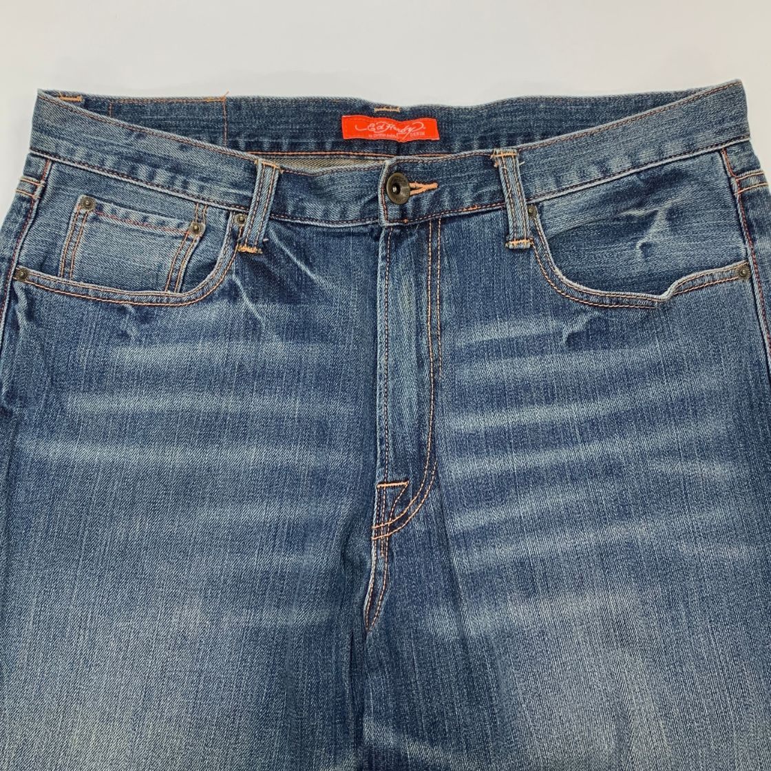 エドハーディー デニムショーツ ハーフ パンツ 鷹 ドクロ 刺繍 装飾 ボタンフライ ウォッシュ USED加工 インディゴ メンズ サイズ36 Ed Hardy 【AFB48】