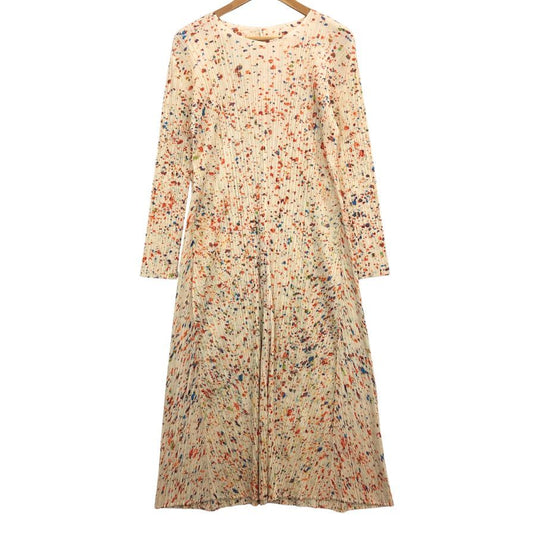 極美品◆プリーツプリーズ ロングワンピース 総柄 ENCHANTプリント ベージュ系 サイズ4 レディース PP23JH725 PLEATS PLEASE ISSEY MIYAKE 【AFB26】