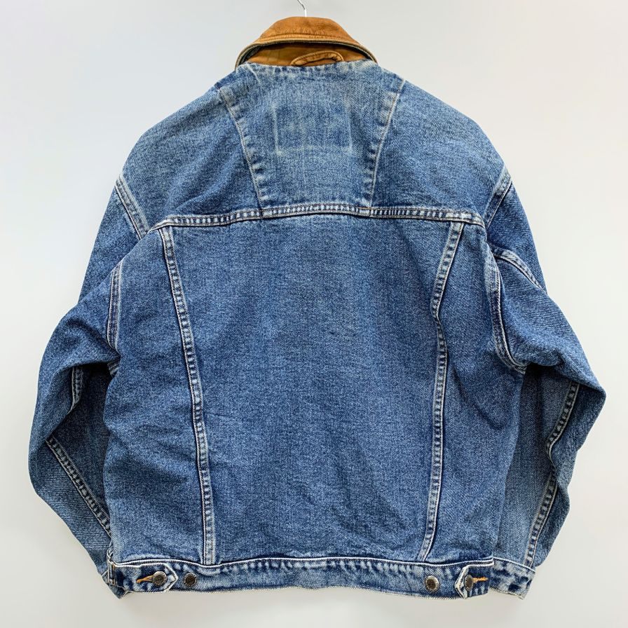 美品◆ティンバーランド Gジャン 襟 レザー 切替 デニム トラッカー ジャケット ショート丈 ボックス インディゴ メンズ サイズXS Timberland 【AFB1】