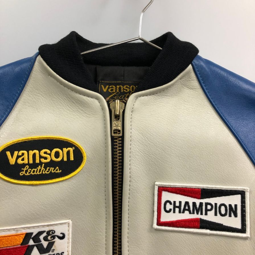 美品◆バンソン チームジャケット パッチ付 レザー MADE IN USA メンズ サイズ34 ブルー×ホワイト vanson 【AFF22】