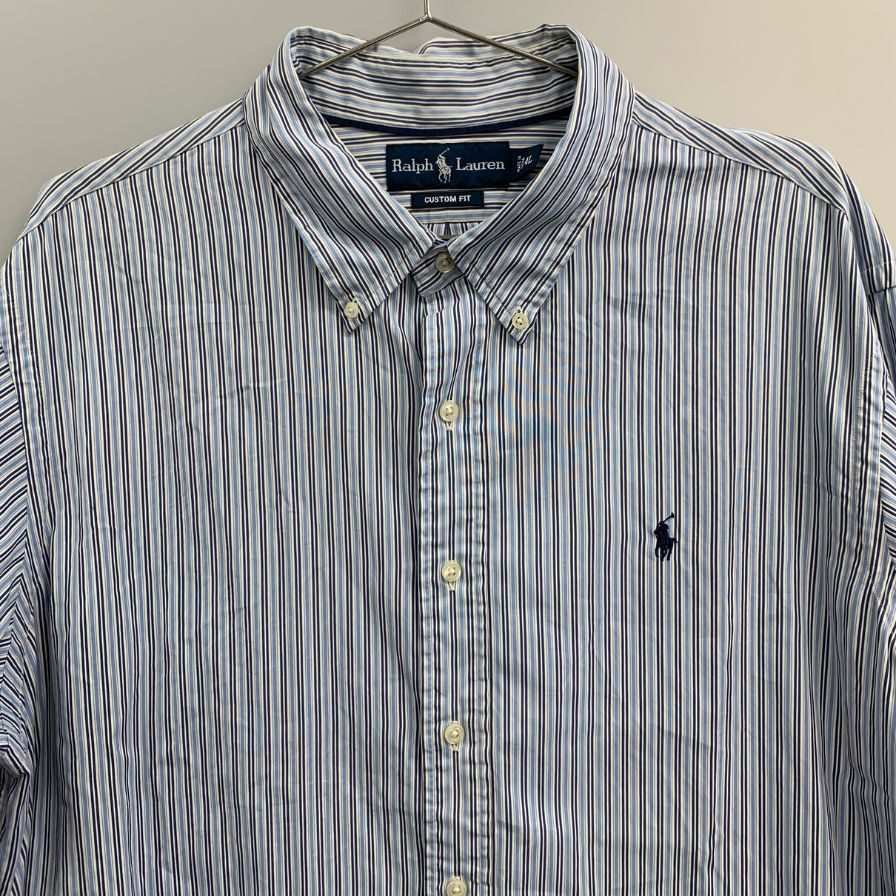 美品◆ラルフローレン ボタンダウンシャツ 90S オールド ストライプ ブルー系 メンズ サイズ4L Ralph Lauren 【AFB13】