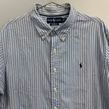 美品◆ラルフローレン ボタンダウンシャツ 90S オールド ストライプ ブルー系 メンズ サイズ4L Ralph Lauren 【AFB13】