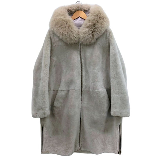 美品◆ノーブランド ムートンコート シープスキン グレー レディース サイズXS スペイン製 ファー付き 【AFF24】