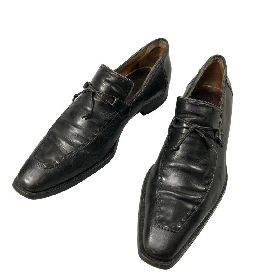 サントーニ スリッポン レースアップ ステッチ カーフ メンズ ブラック サイズUK6.5 Santoni 約25.5cm【AFC50】