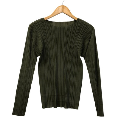 極美品◆プリーツプリーズ イッセイミヤケ 長袖プリーツカットソー カーキ サイズ3 レディース PLEATS PLEASE ISSEY MIYAKE 【AFB22】