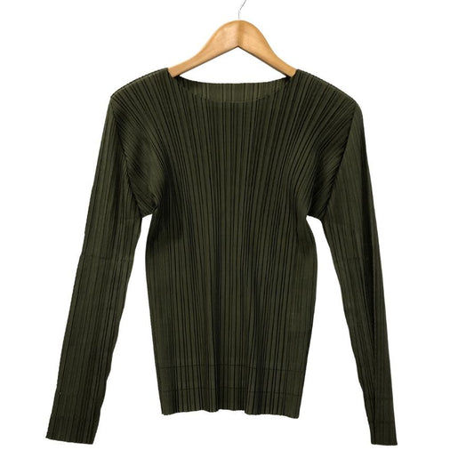 極美品◆プリーツプリーズ イッセイミヤケ 長袖プリーツカットソー カーキ サイズ3 レディース PLEATS PLEASE ISSEY MIYAKE 【AFB22】