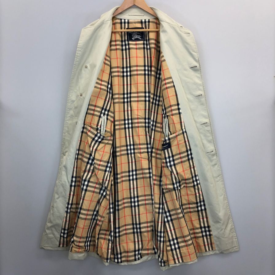中古◆バーバリーズ ステンカラーコート 90S 裏地ノバ柄 ネーム入り サイズ不明 ホワイト系 BURBERRY 【AFB7】